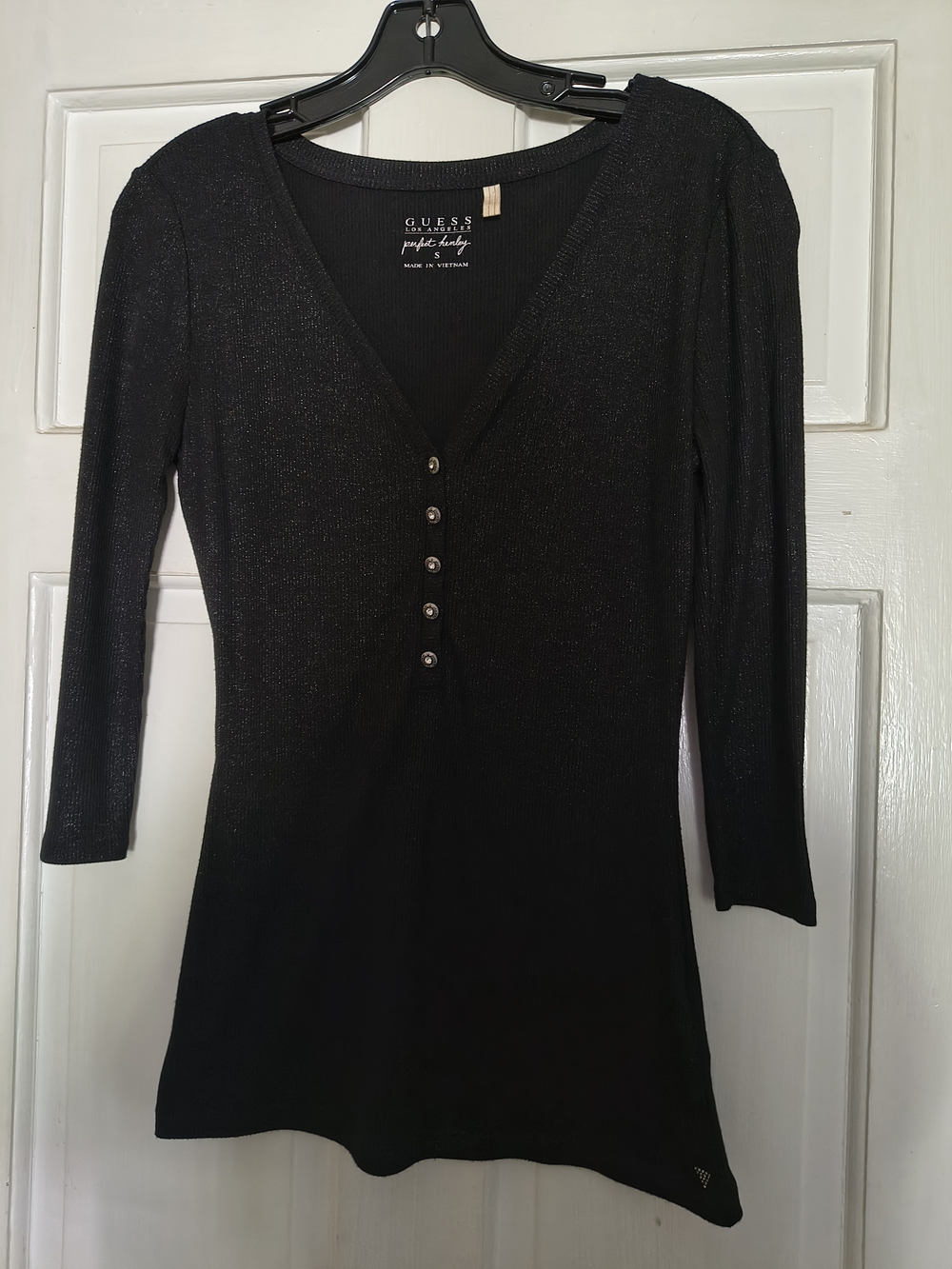 GUESS Henley Black Ribbed V-Neck Button Front Women's Top
